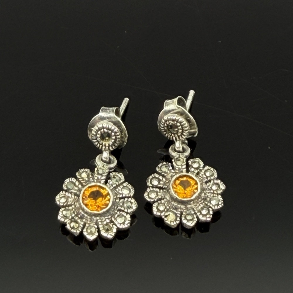 Vintage Sterling Silver 925 Marcasite & Orange Stone Flower Dangle Post Earrings